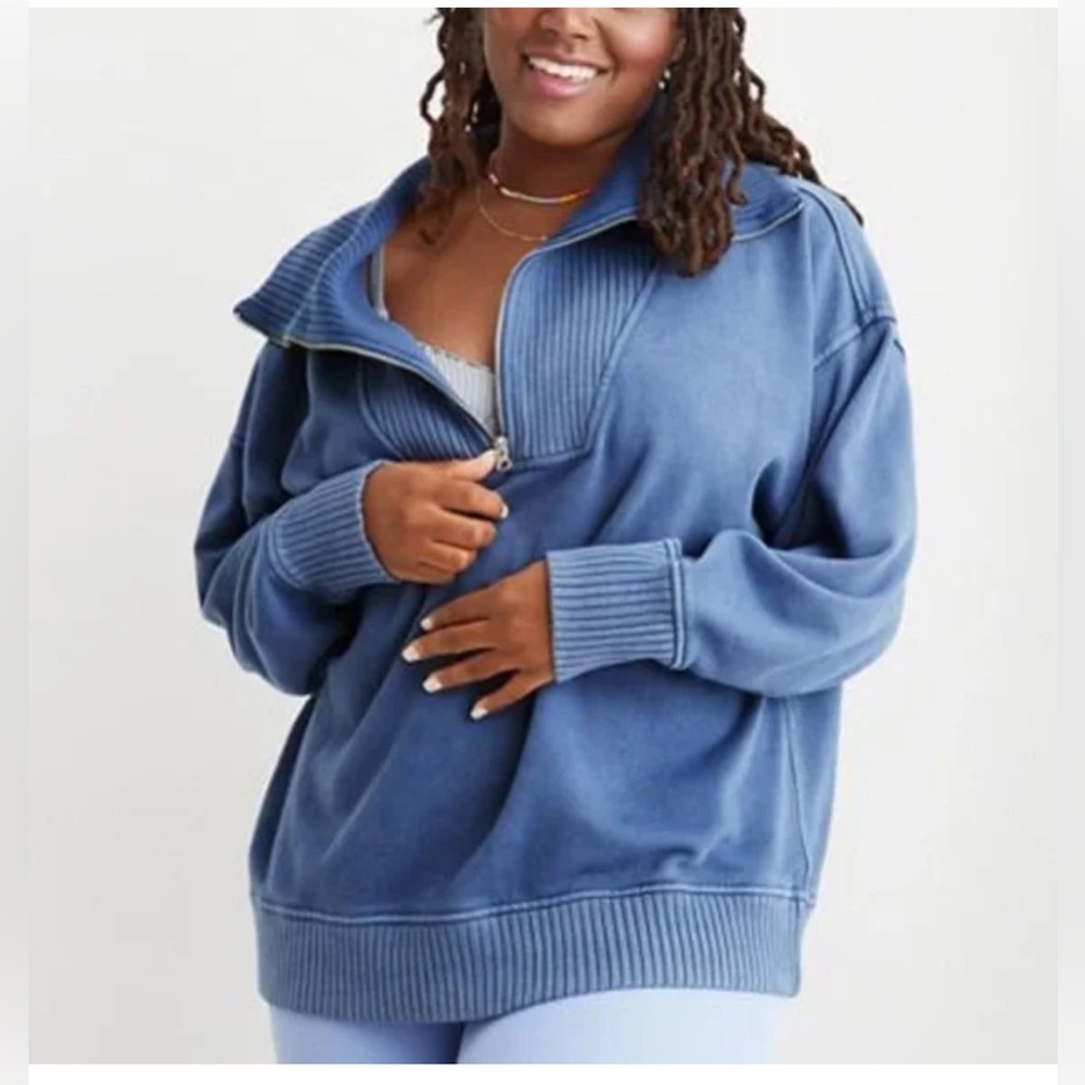 Aerie Down to Earth Blue Ribbed Zip-Up Sweater